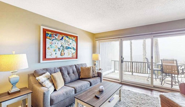 Bayfront condo with lake & bay views, deck, 2 fireplaces, private washer/dryer in Glen Arbor